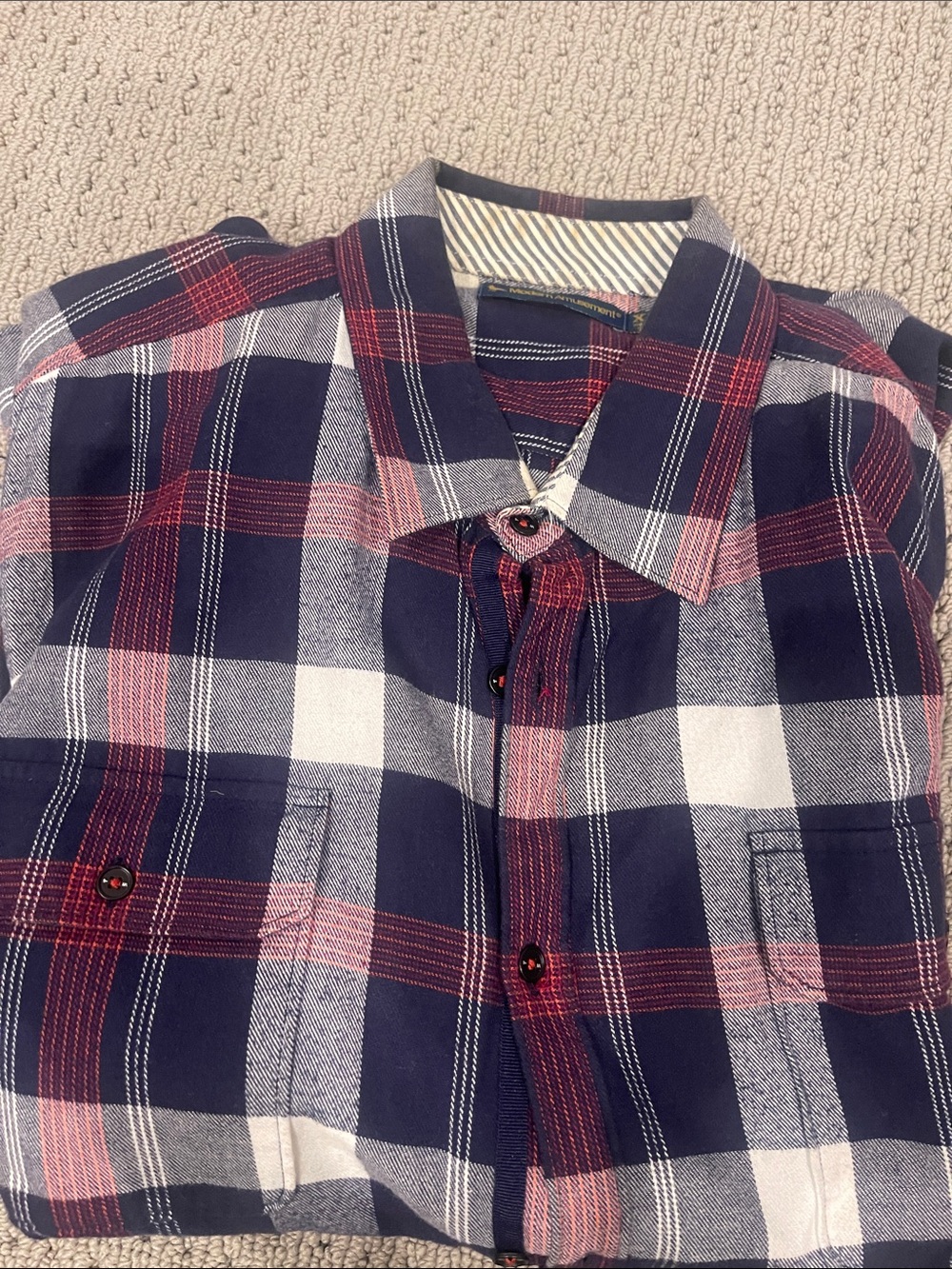 Modern Amusement Navy, Red and White Plaid Button-Down Shirt